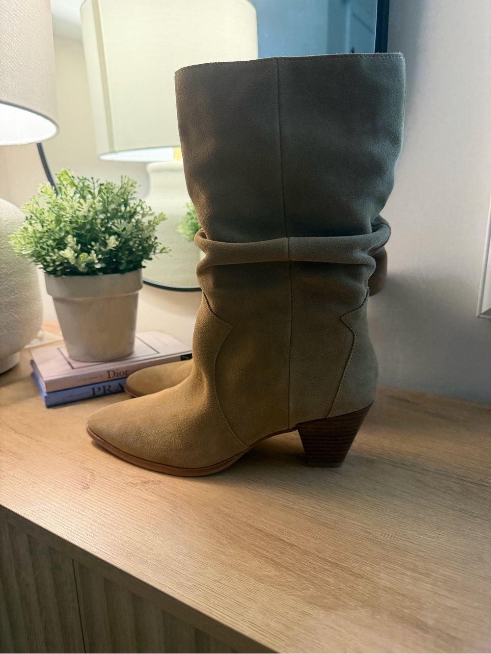 Vince Camuto Tan Suede Slouchy Mid-Calf Heeled Boots